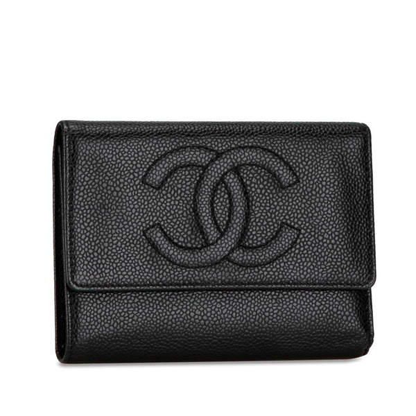 シャネル ココマーク 三つ折り財布 ブラック キャビアスキン レディース CHANEL 【中古】