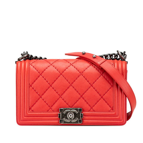 シャネル ボーイシャネル25 ワイルドステッチ 斜め掛け チェーン ショルダーバッグ レッド ラムスキン レディース CHANEL 【中古】