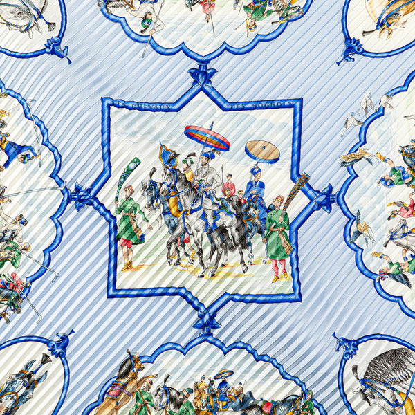 エルメス カレ90 プリーツ LES CHEVAUX DES MOGHOLS ムガル王朝の馬 スカーフ ブルー ホワイト マルチカラー シルク レディース HERMES 【中古】
