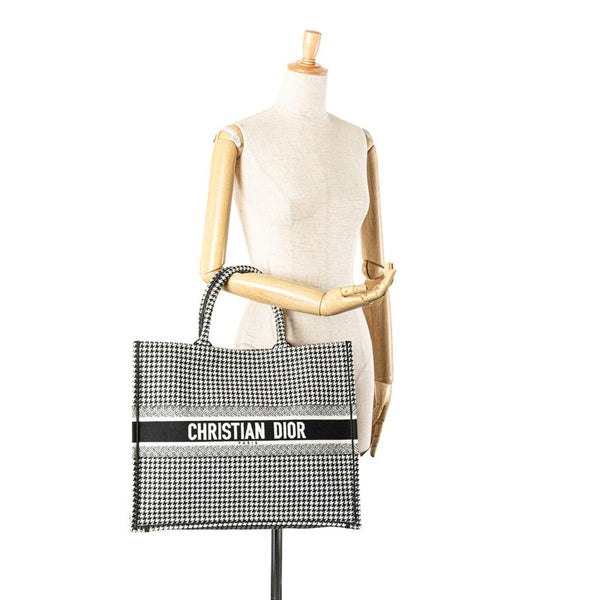 ディオール ハウンドトゥース エンブロイダリー ブックトート ラージ トートバッグ ブラック ホワイト キャンバス レディース Dior 【中古】