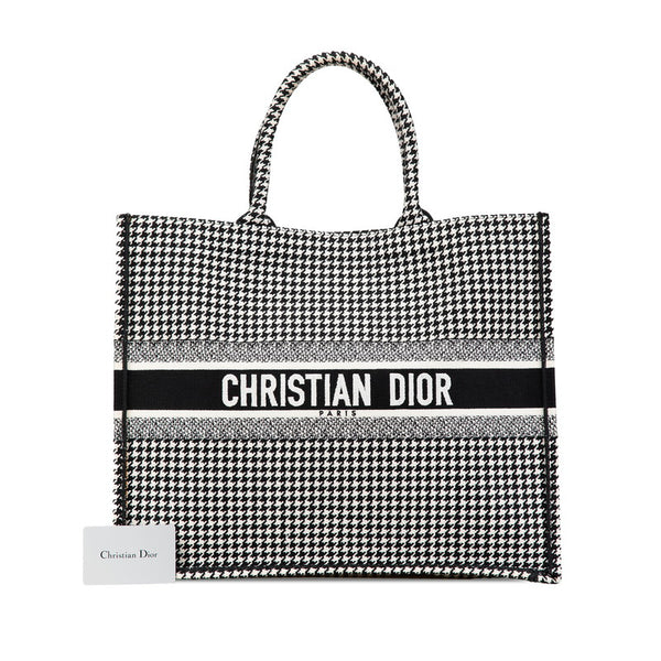 ディオール ハウンドトゥース エンブロイダリー ブックトート ラージ トートバッグ ブラック ホワイト キャンバス レディース Dior 【中古】