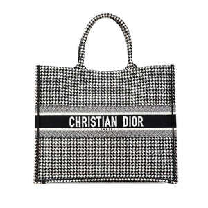 ディオール ハウンドトゥース エンブロイダリー ブックトート ラージ トートバッグ ブラック ホワイト キャンバス レディース Dior 【中古】