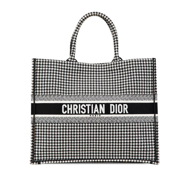 ディオール ハウンドトゥース エンブロイダリー ブックトート ラージ トートバッグ ブラック ホワイト キャンバス レディース Dior 【中古】