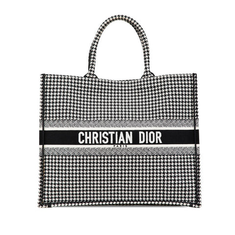 ディオール ハウンドトゥース エンブロイダリー ブックトート ラージ トートバッグ ブラック ホワイト キャンバス レディース Dior 【中古】