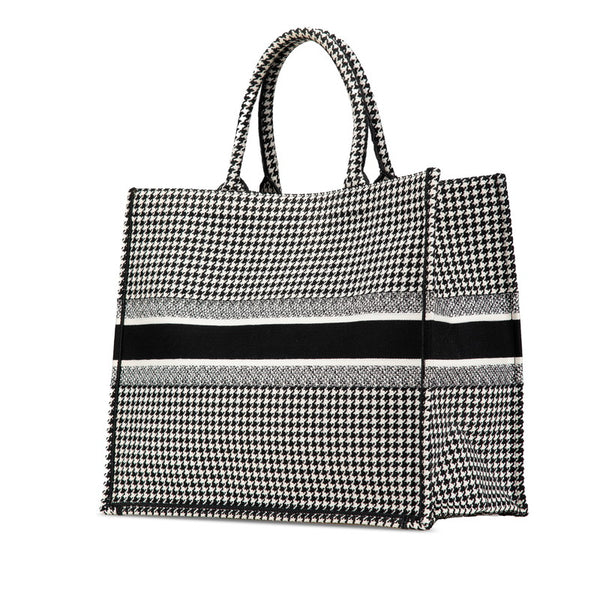 ディオール ハウンドトゥース エンブロイダリー ブックトート ラージ トートバッグ ブラック ホワイト キャンバス レディース Dior 【中古】