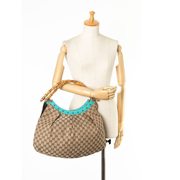グッチ GGキャンバス バンブー ハンドバッグ 124293 ベージュ ライトブルー キャンバス レザー レディース GUCCI 【中古】
