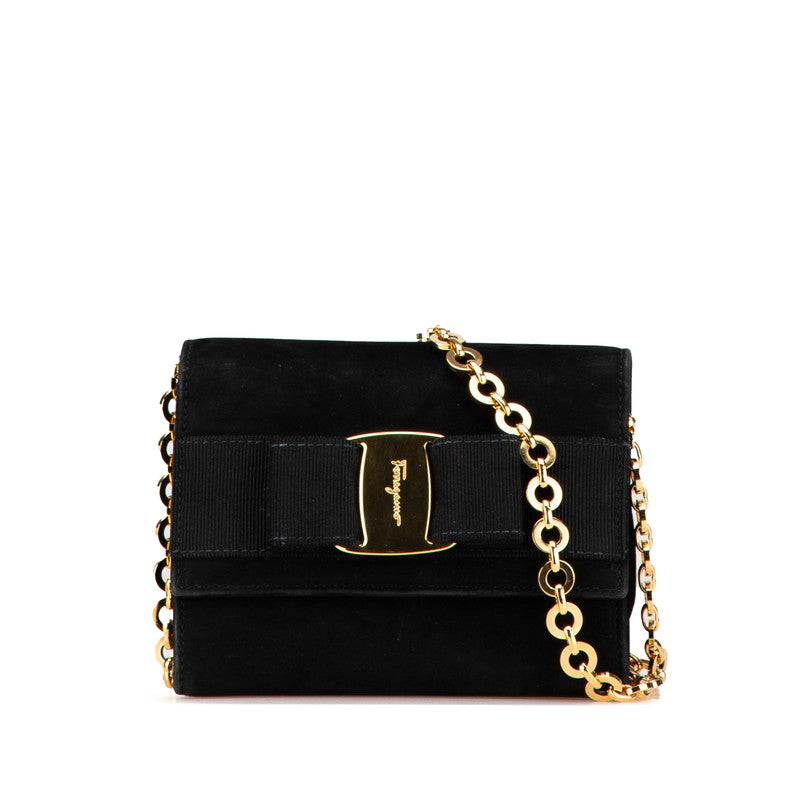 サルヴァトーレフェラガモ ヴァラリボン チェーン ショルダーバッグ ブラック スエード レディース Salvatore Ferragamo 【中古】