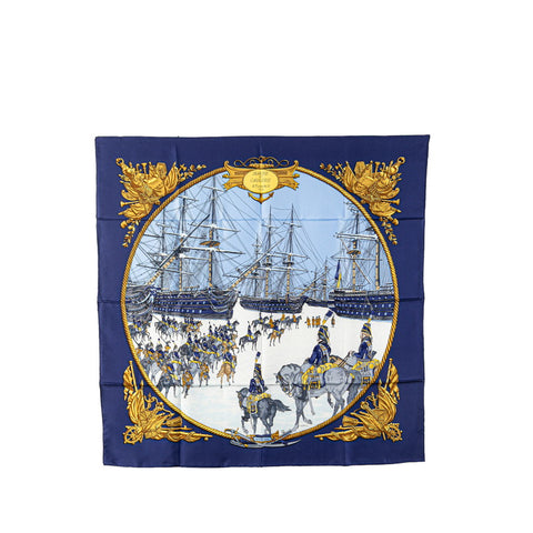 エルメス カレ90 MARINE ET CAVALERIE 海と騎兵隊 スカーフ ブルー イエロー シルク レディース HERMES 【中古】