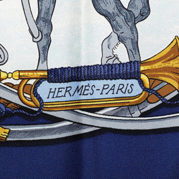 エルメス カレ90 MARINE ET CAVALERIE 海と騎兵隊 スカーフ ブルー イエロー シルク レディース HERMES 【中古】