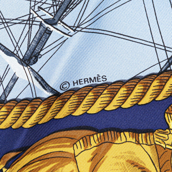 エルメス カレ90 MARINE ET CAVALERIE 海と騎兵隊 スカーフ ブルー イエロー シルク レディース HERMES 【中古】