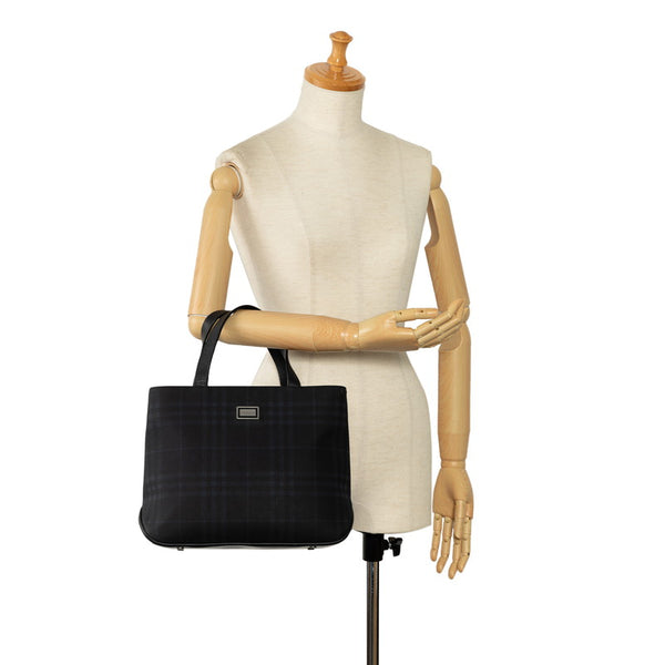 バーバリー チェック ハンドバッグ トートバッグ ネイビー ブラック キャンバス レザー レディース BURBERRY 【中古】