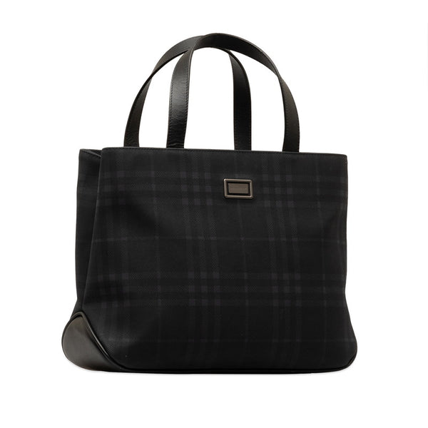 バーバリー チェック ハンドバッグ トートバッグ ネイビー ブラック キャンバス レザー レディース BURBERRY 【中古】