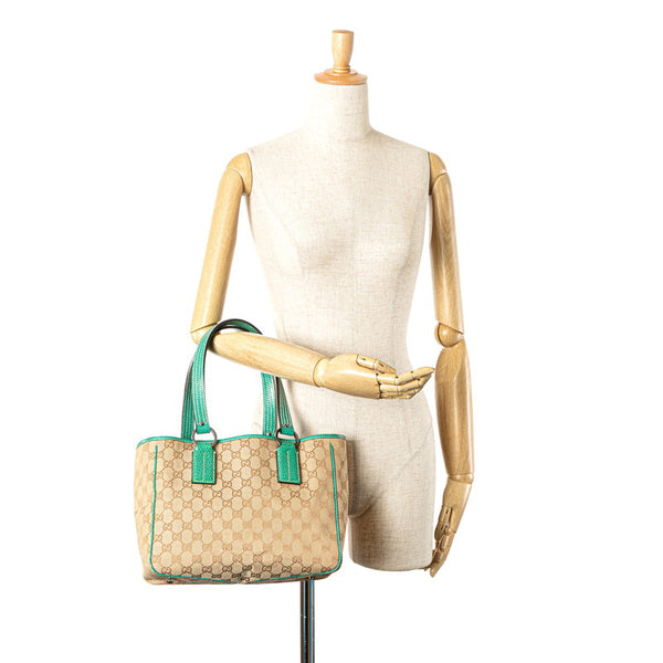 グッチ GGキャンバス トートバッグ 113019 ベージュ エメラルドグリーン キャンバス レザー レディース GUCCI 【中古】
