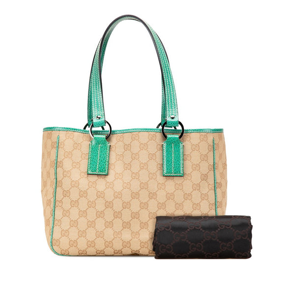 グッチ GGキャンバス トートバッグ 113019 ベージュ エメラルドグリーン キャンバス レザー レディース GUCCI 【中古】