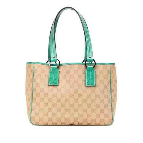 グッチ GGキャンバス トートバッグ 113019 ベージュ エメラルドグリーン キャンバス レザー レディース GUCCI 【中古】