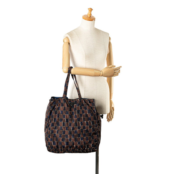 プラダ 三角ロゴプレート トートバッグ ショルダーバッグ エコバッグ ブラウン ブルー ナイロン レディース PRADA 【中古】
