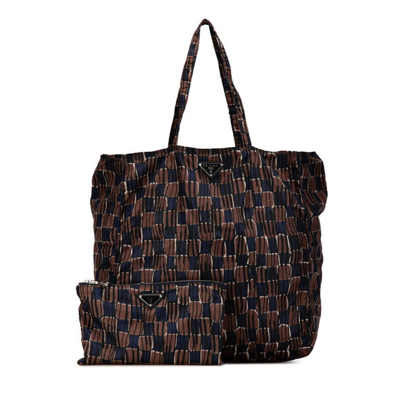 プラダ 三角ロゴプレート トートバッグ ショルダーバッグ エコバッグ ブラウン ブルー ナイロン レディース PRADA 【中古】