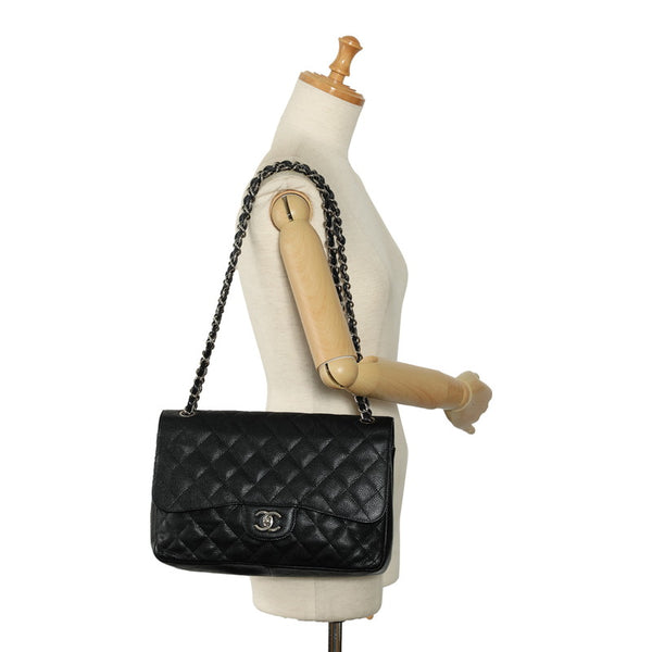 シャネル マトラッセ30 ココマーク ダブルフラップ チェーン ショルダーバッグ ブラック キャビアスキン レディース CHANEL 【中古】