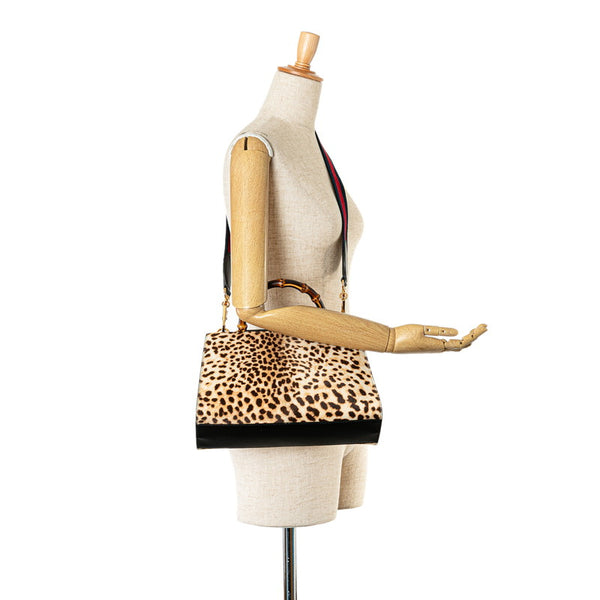 グッチ ニムフェア バンブー レオパード ハンドバッグ ショルダーバッグ 2WAY 459076 ベージュ ブラウン ブラック ハラコ レザー レディース GUCCI 【中古】