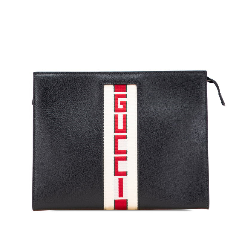 グッチ ウェブ ストライプ クラッチバッグ セカンドバッグ 475316 ブラック レザー メンズ GUCCI 【中古】