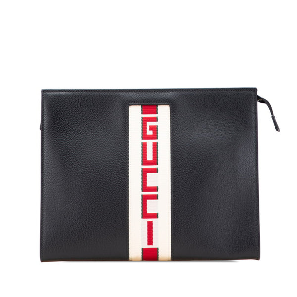 グッチ ウェブ ストライプ クラッチバッグ セカンドバッグ 475316 ブラック レザー メンズ GUCCI 【中古】