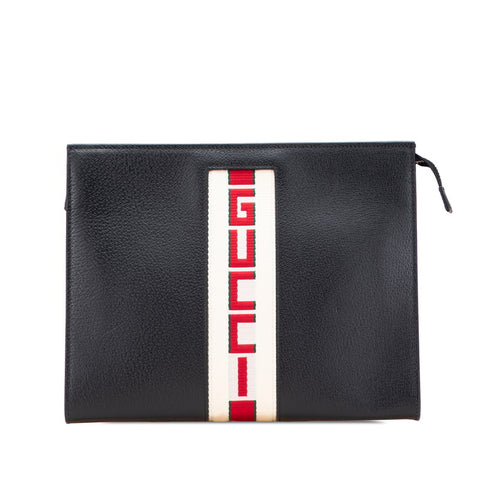 グッチ ウェブ ストライプ クラッチバッグ セカンドバッグ 475316 ブラック レザー メンズ GUCCI 【中古】