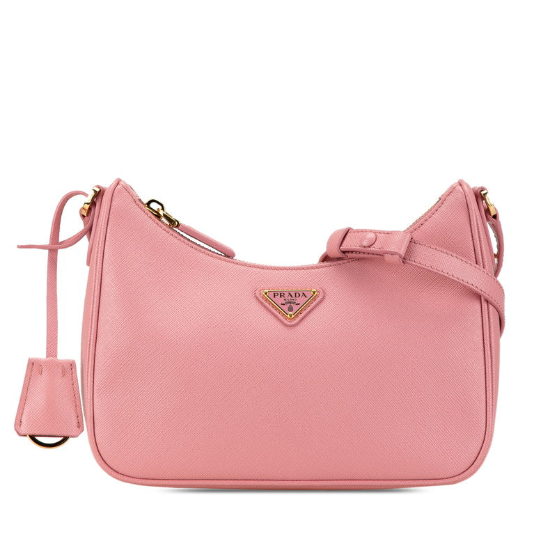 プラダ 三角ロゴプレート サフィアーノ ショルダーバッグ ピンク レザー レディース PRADA 【中古】