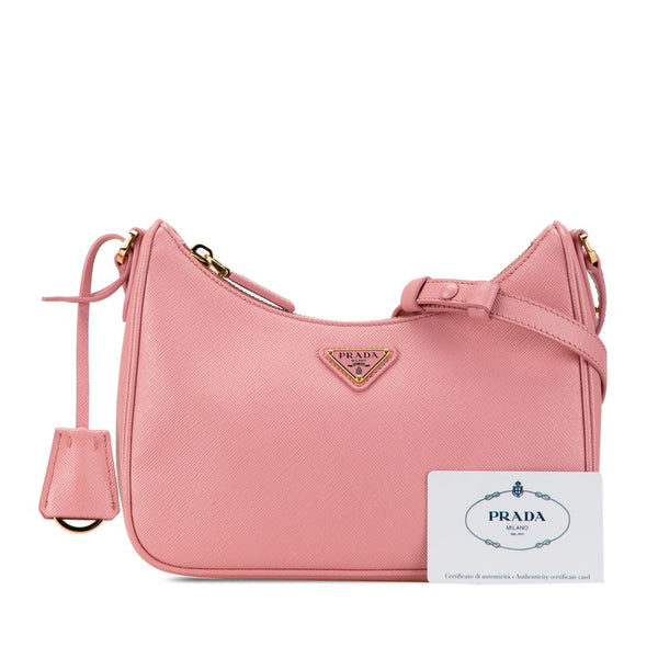 プラダ 三角ロゴプレート サフィアーノ ショルダーバッグ ピンク レザー レディース PRADA 【中古】