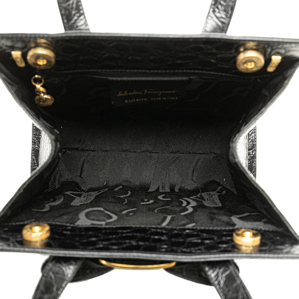 サルヴァトーレフェラガモ クロコ型押し ヴァラリボン ハンドバッグ ショルダーバッグ 2WAY BA214178 ブラック レザー レディース Salvatore Ferragamo 【中古】