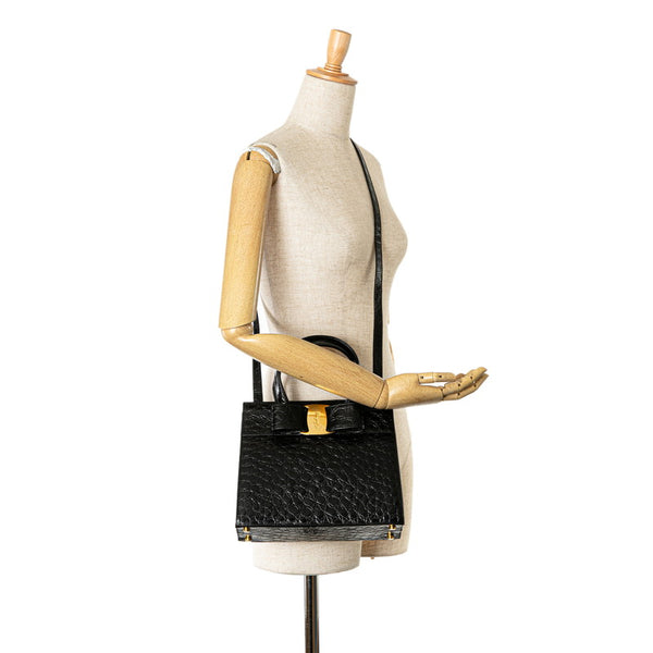 サルヴァトーレフェラガモ クロコ型押し ヴァラリボン ハンドバッグ ショルダーバッグ 2WAY BA214178 ブラック レザー レディース Salvatore Ferragamo 【中古】