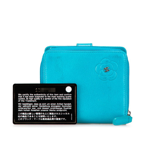 シャネル カメリア ココマーク 二つ折り財布 ライトブルー ラムスキン レディース CHANEL 【中古】