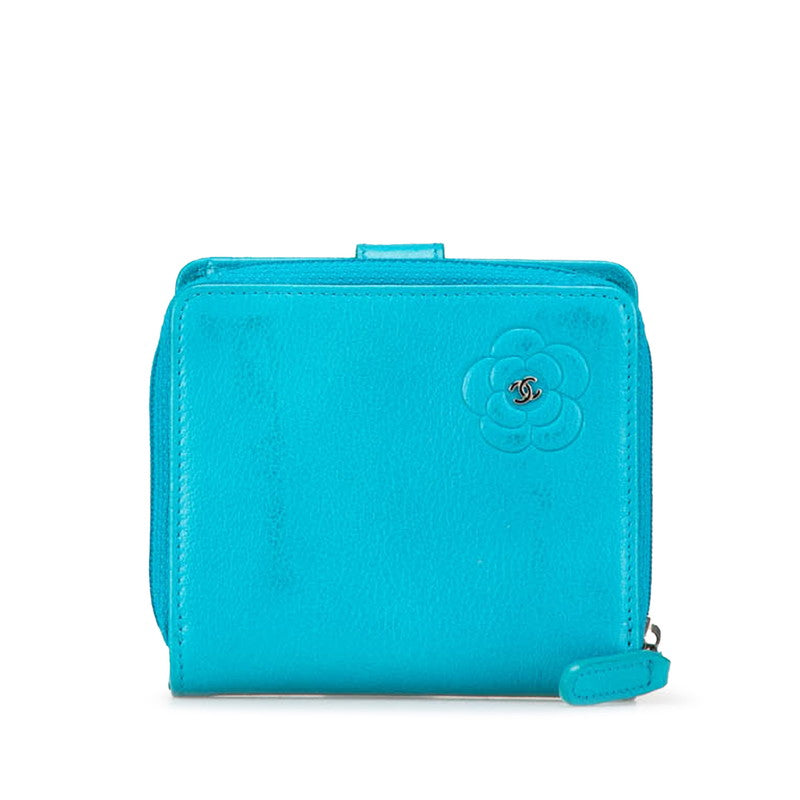 シャネル カメリア ココマーク 二つ折り財布 ライトブルー ラムスキン レディース CHANEL 【中古】