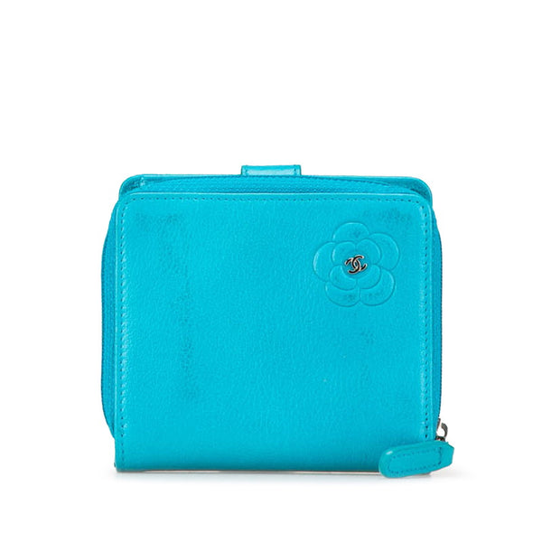 シャネル カメリア ココマーク 二つ折り財布 ライトブルー ラムスキン レディース CHANEL 【中古】