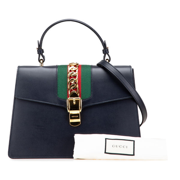 グッチ シェリーライン シルヴィ ハンドバッグ ショルダーバッグ 2WAY 431665 ネイビー レザー レディース GUCCI 【中古】