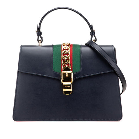 グッチ シェリーライン シルヴィ ハンドバッグ ショルダーバッグ 2WAY 431665 ネイビー レザー レディース GUCCI 【中古】