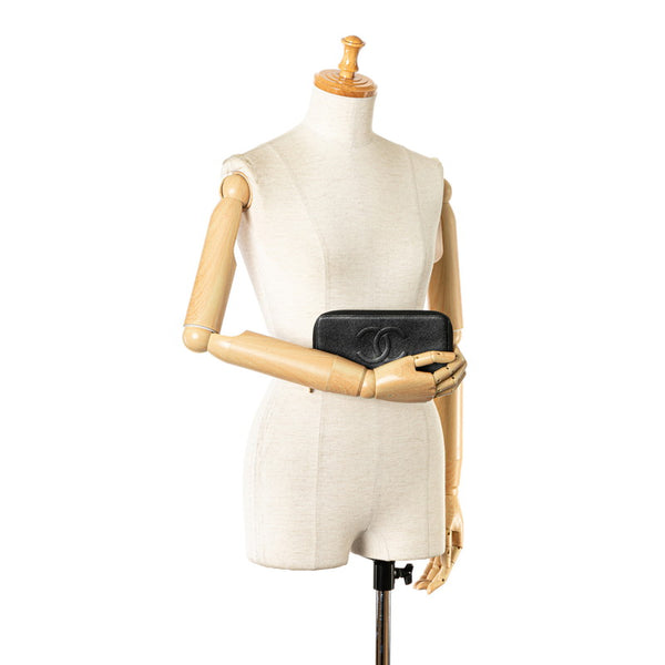 シャネル ココマーク ラウンドファスナー 長財布 ブラック キャビアスキン レディース CHANEL 【中古】