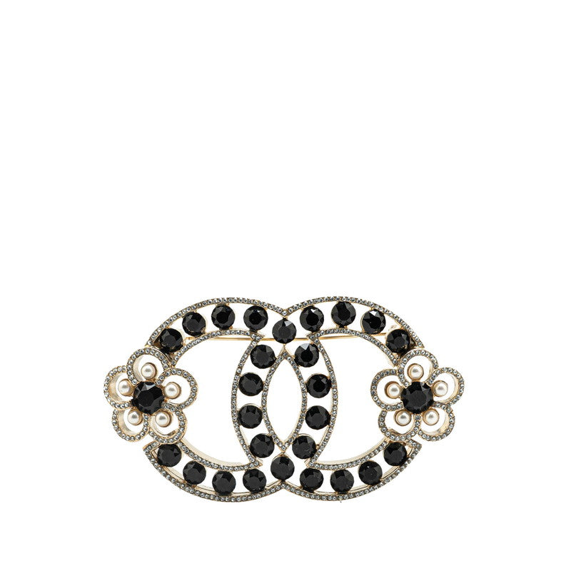 シャネル ココマーク 花 フラワー モチーフ ラインストーン ブローチ ゴールド ブラック メッキ フェイクパール レディース CHANEL 【中古】