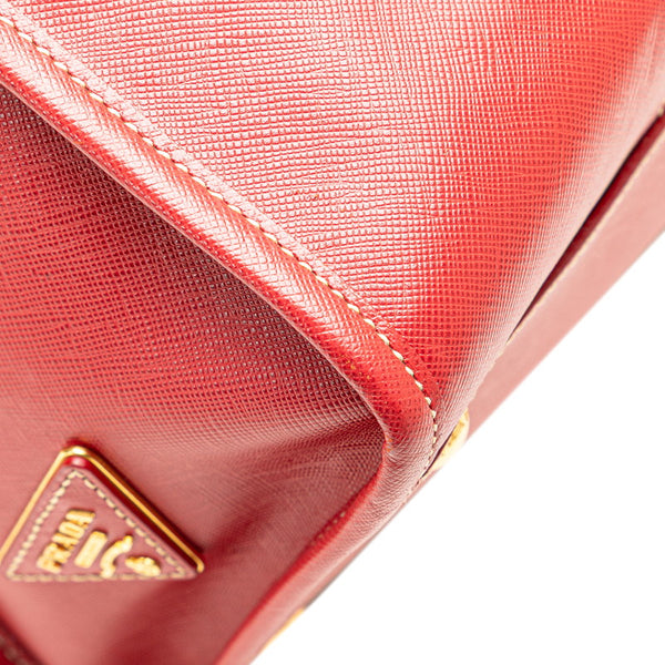 プラダ 三角ロゴプレート サフィアーノ ハンドバッグ ショルダーバッグ 2WAY レッド ベージュ キャンバス レザー レディース PRADA 【中古】