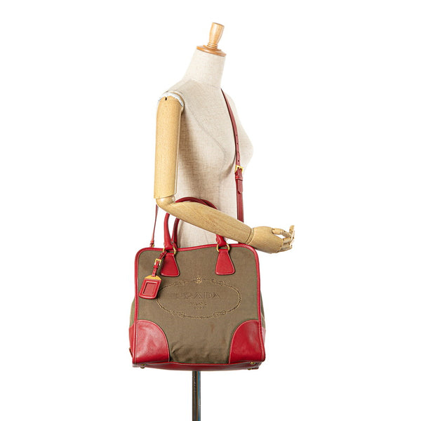 プラダ 三角ロゴプレート サフィアーノ ハンドバッグ ショルダーバッグ 2WAY レッド ベージュ キャンバス レザー レディース PRADA 【中古】