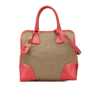 プラダ 三角ロゴプレート サフィアーノ ハンドバッグ ショルダーバッグ 2WAY レッド ベージュ キャンバス レザー レディース PRADA 【中古】