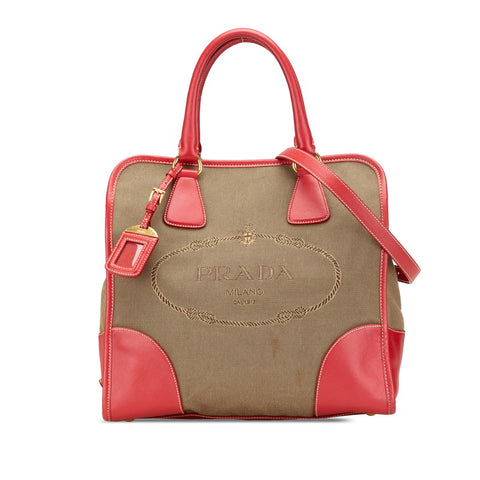 プラダ 三角ロゴプレート サフィアーノ ハンドバッグ ショルダーバッグ 2WAY レッド ベージュ キャンバス レザー レディース PRADA 【中古】