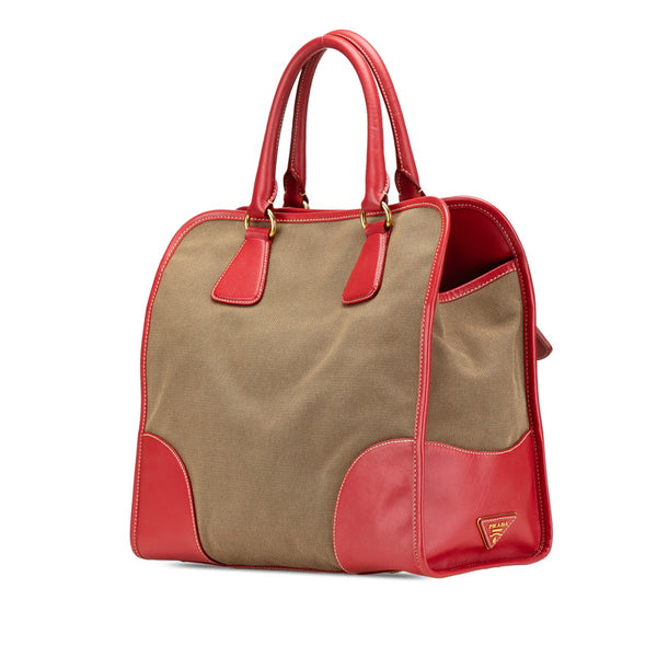 プラダ 三角ロゴプレート サフィアーノ ハンドバッグ ショルダーバッグ 2WAY レッド ベージュ キャンバス レザー レディース PRADA 【中古】