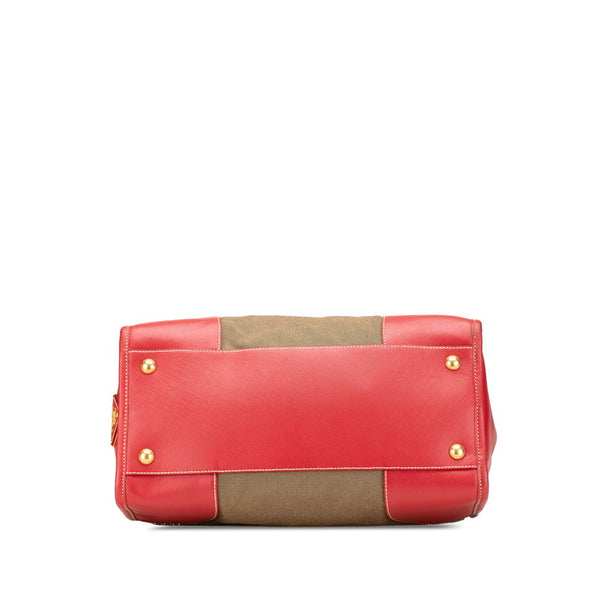 プラダ 三角ロゴプレート サフィアーノ ハンドバッグ ショルダーバッグ 2WAY レッド ベージュ キャンバス レザー レディース PRADA 【中古】