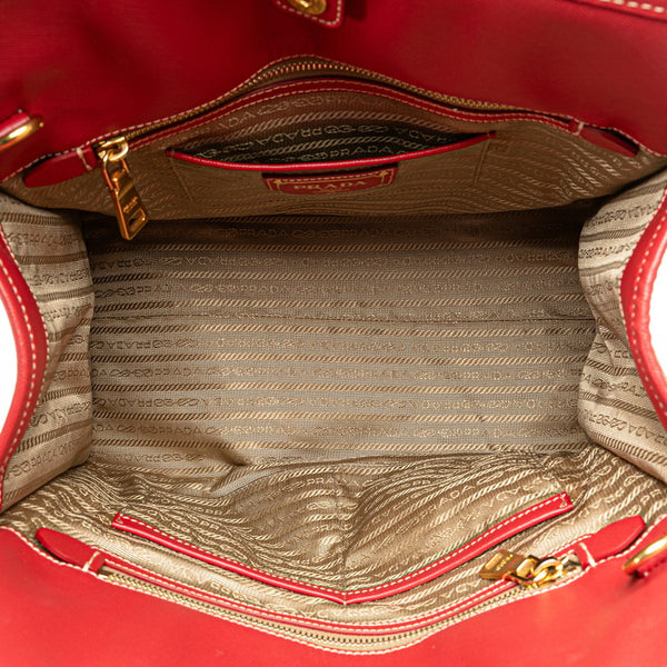 プラダ 三角ロゴプレート サフィアーノ ハンドバッグ ショルダーバッグ 2WAY レッド ベージュ キャンバス レザー レディース PRADA 【中古】