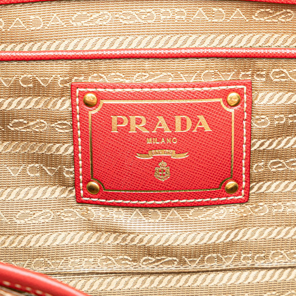 プラダ 三角ロゴプレート サフィアーノ ハンドバッグ ショルダーバッグ 2WAY レッド ベージュ キャンバス レザー レディース PRADA 【中古】