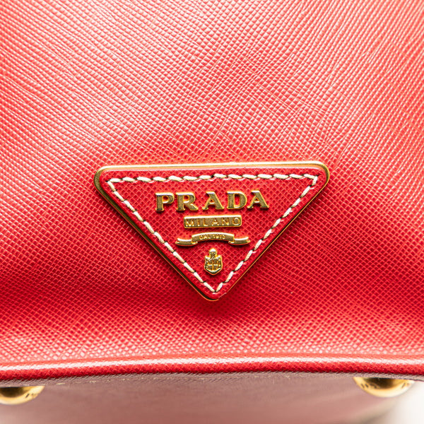 プラダ 三角ロゴプレート サフィアーノ ハンドバッグ ショルダーバッグ 2WAY レッド ベージュ キャンバス レザー レディース PRADA 【中古】