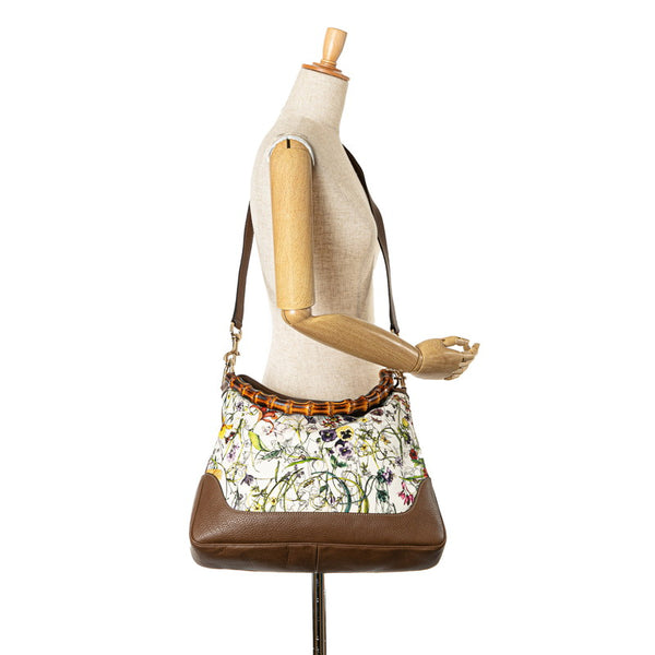 グッチ バンブー フローラ ダイアナ花 ハンドバッグ ショルダーバッグ 2WAY 282315 ホワイト ブラウン キャンバス レザー レディース GUCCI 【中古】