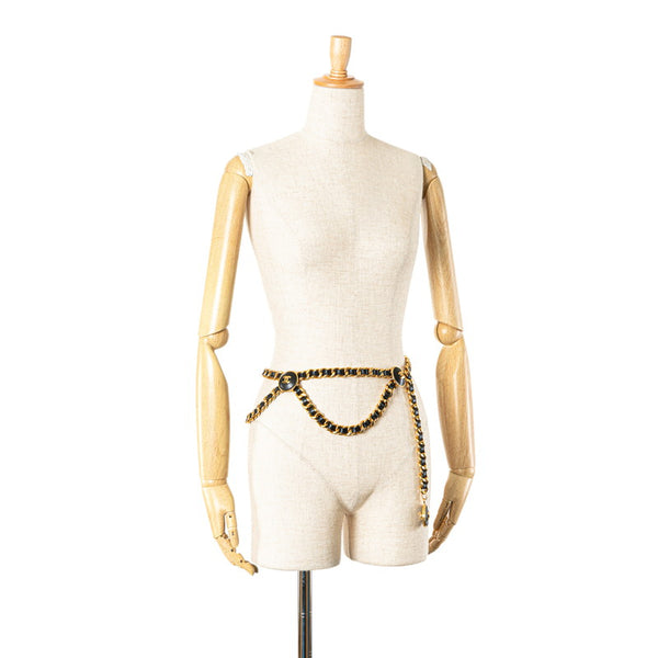 シャネル ココマーク チェーンベルト ゴールド ブラック メッキ レザー レディース CHANEL 【中古】