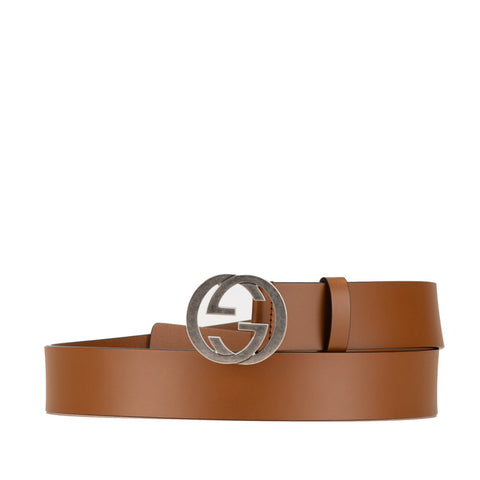 グッチ インターロッキングG ベルト 95/38 546389 ブラウン シルバー レザー メンズ GUCCI 【中古】