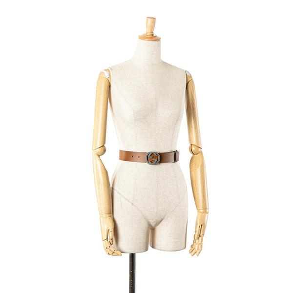 グッチ インターロッキングG ベルト 95/38 546389 ブラウン シルバー レザー メンズ GUCCI 【中古】